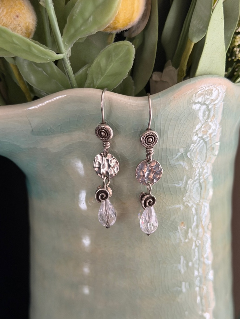 Silpada Sterling Silver Hammered Disc & Crystal Drop Earrings
